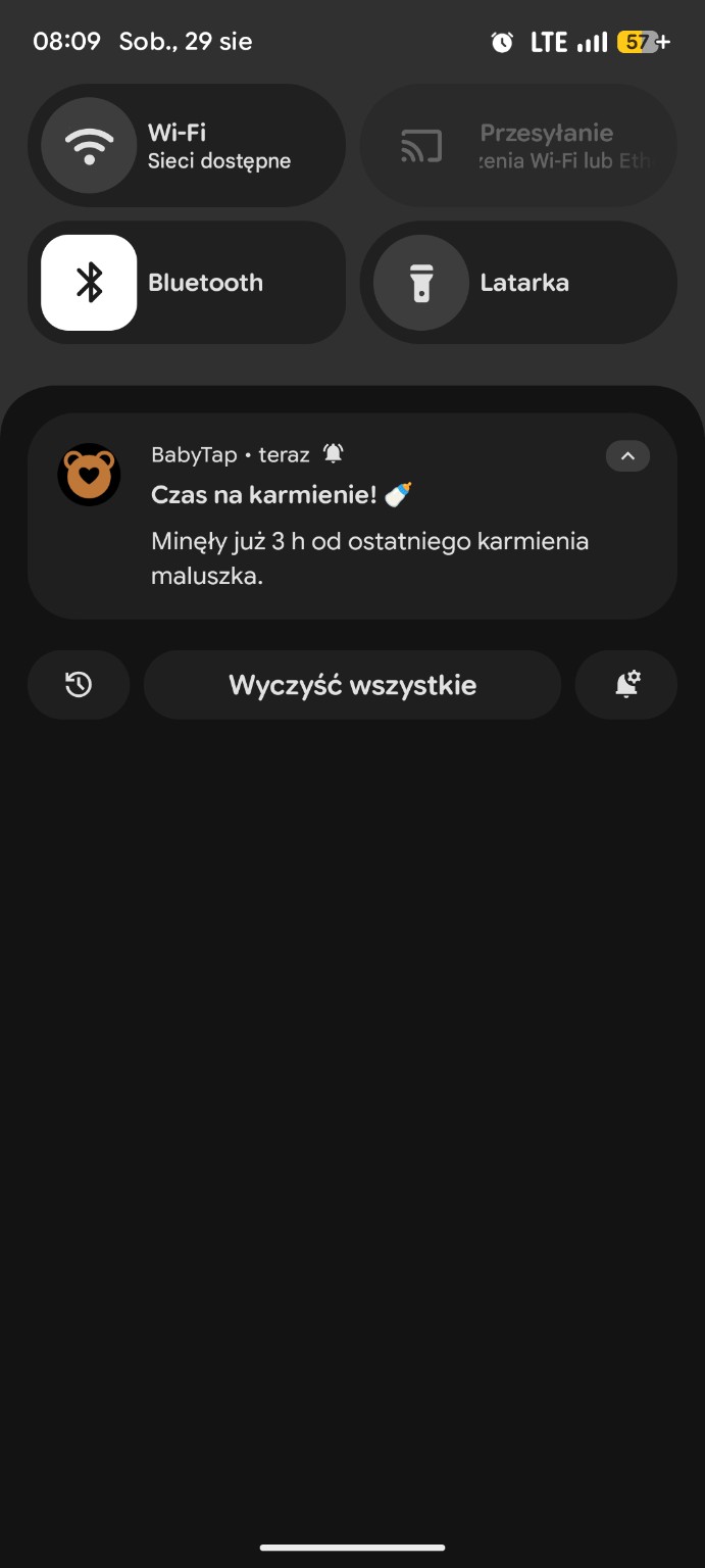 Powiadomienie Tapi o karmieniu